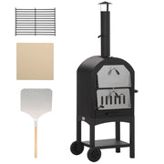 Forno per Pizza e Barbecue a Carbone Portatile  con Camino e Ruote  in Acciaio Nero