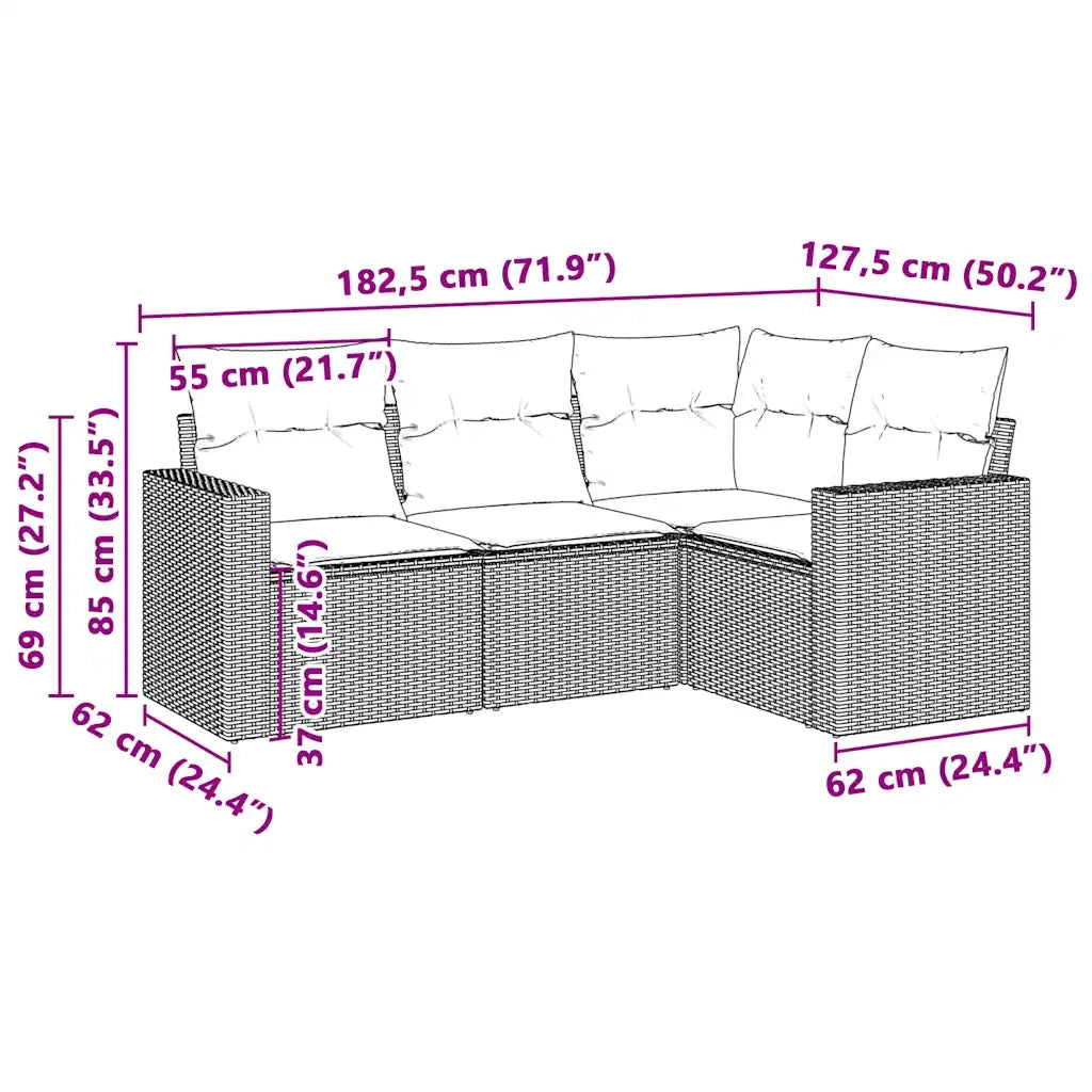 Set Divano da Giardino 4pz con Cuscini Grigio Chiaro Polyrattan