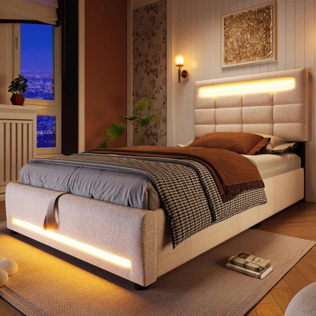 Letto imbottito 90x200 cm in lino beige con luci LED APP, USB e contenitore idraulico