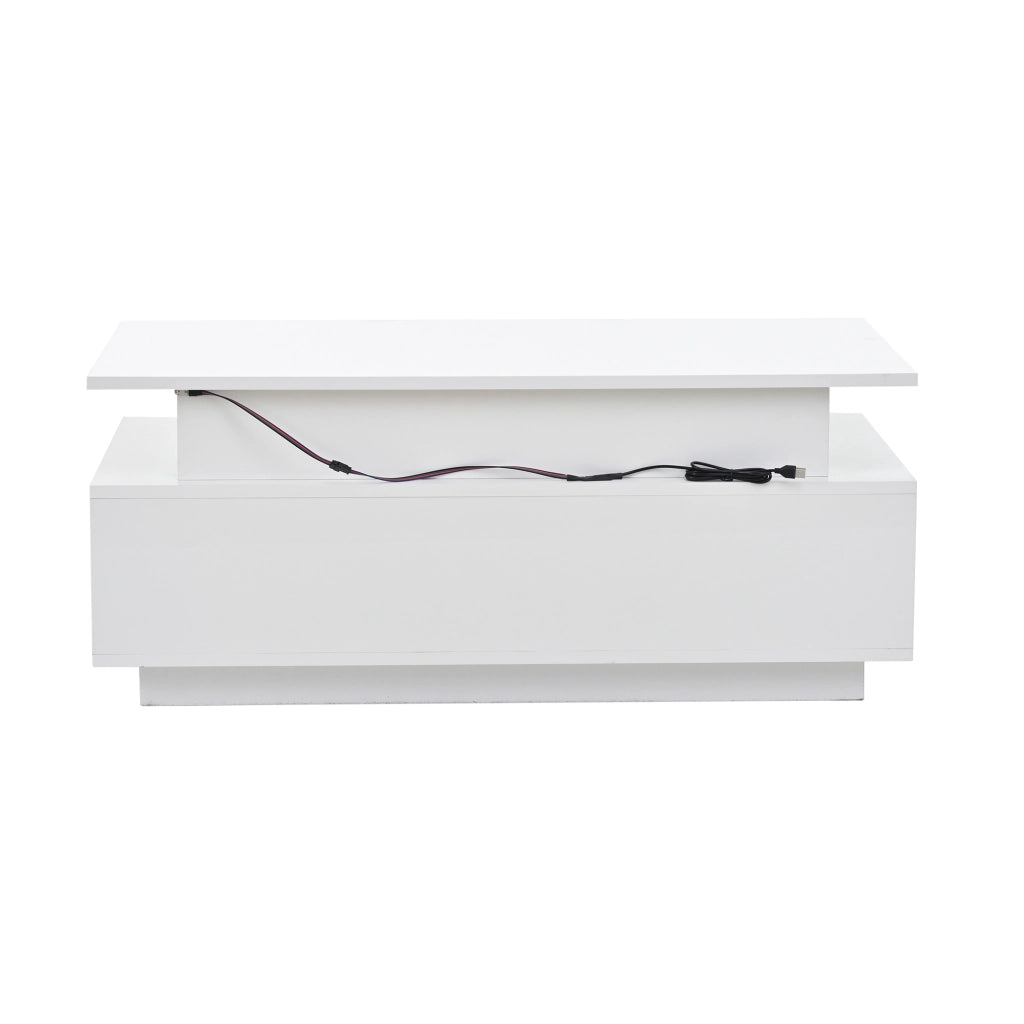 Tavolino da salotto 96x45x40 cm; sollevabile con vano contenitore e cassetto; truciolare bianco