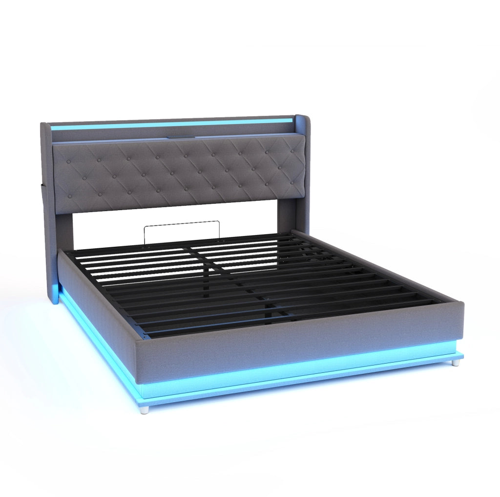 Letto imbottito 140x200 cm con LED, USB e vano contenitore idraulico