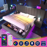 OKWISH Letto Contenitore 180×200 cm, Letto Matrimoniale con 3 USB, Type C e LED Regolabile, senza Materasso, in Lino, Grigio