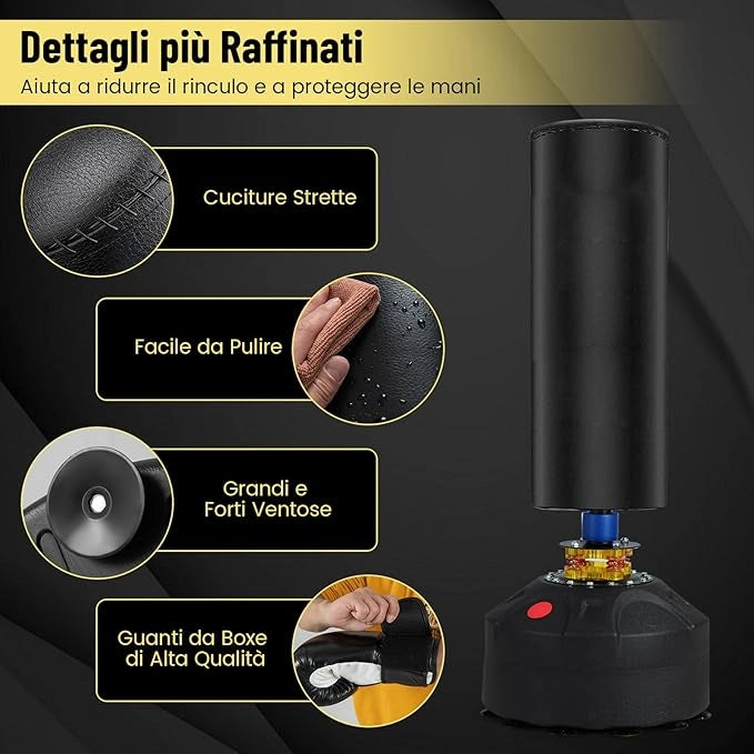 Sacco da Boxe 173 cm, Sacca da Boxe da Terra Autoportante e Pesante con Guantoni, Base a Ventosa, Costruzione a 5 Strati e Sistema Antivibrazioni per Adulti e Palestra Domestica