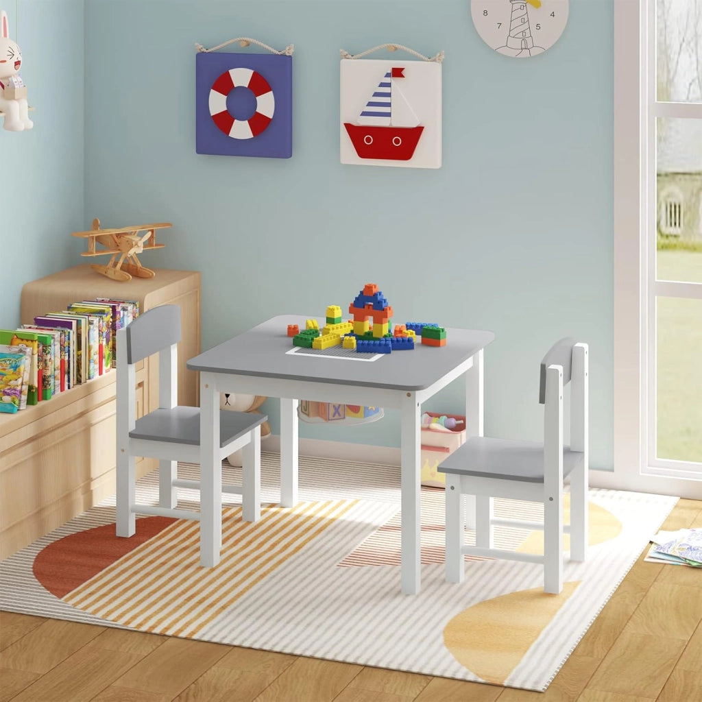 WOLTU Tavolo e Sedie per Bambini, Tavolino per Bambini con 2 Sedie, Scrivania per Bambini, con Base per Blocchi Reversibile e Tasca a Rete, per Cameretta, in MDF, Bianco e Grigio