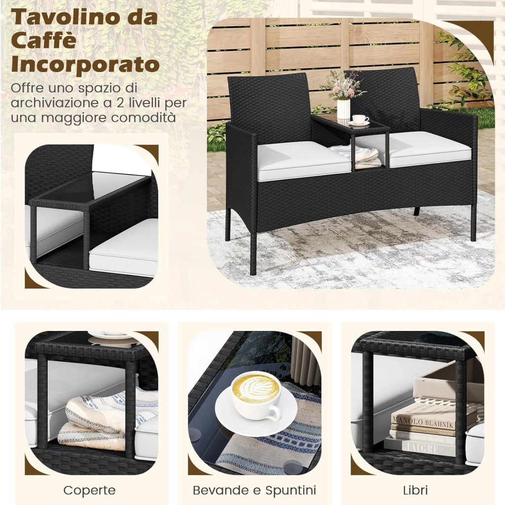 Panchina da Giardino in Rattan PE 62 x 124 x 84 cm, Divano da Esterno con Tavolino in Vetro Temperato e Cuscini Imbottiti, Poltrona con 2 Posti per Balcone, Piscina e Cortile (Bianco)