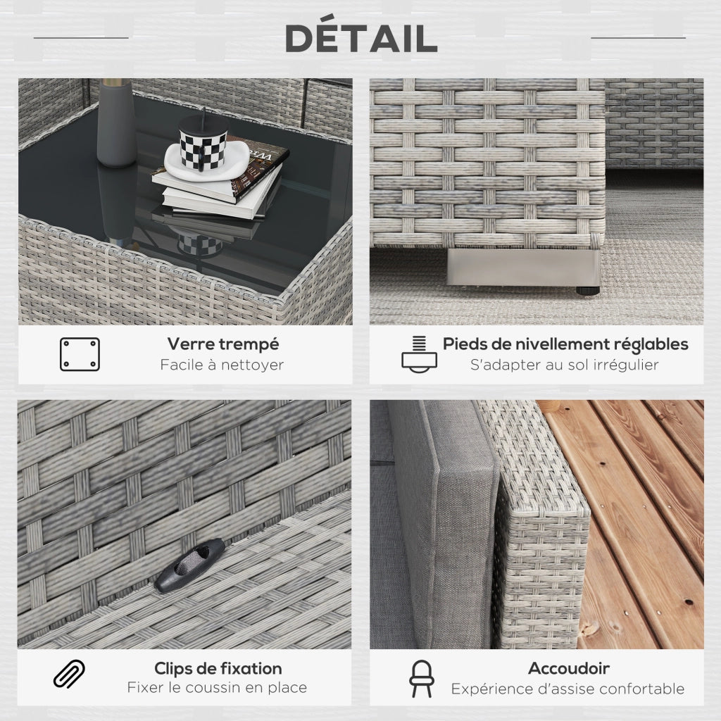 Set salotto da giardino 7 pezzi modulabile ¨C zephmum ¨C grigio, polyrattan, vetro temperato, cuscini
