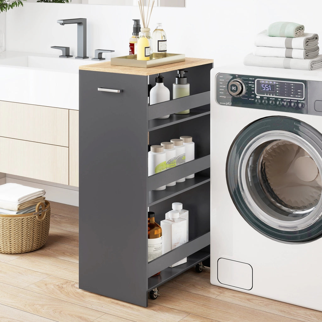 Carrello portaoggetti da cucina con maniglia ruote, Scaffale mobile salvaspazio con scaffali stretti 47,5 x 30 x 80,5 cm Grigio