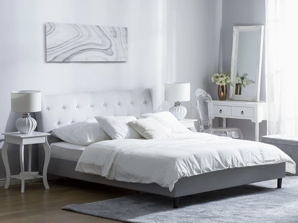 Letto a doghe Tessuto in poliestere grigio Gambe in legno imbottite Testiera capitonné 180 x 200 cm Design moderno