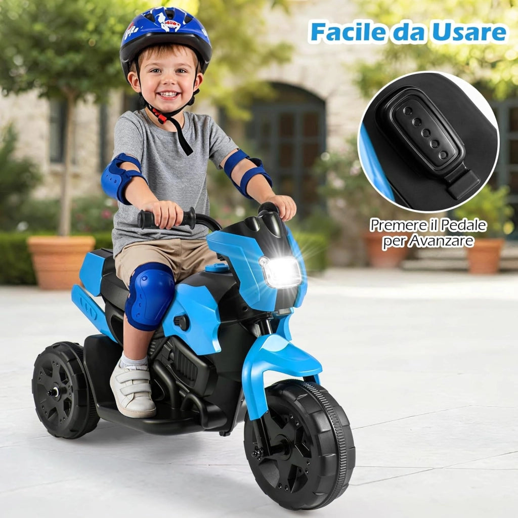 6V Moto Elettrica per Bambini, Moto a 3 Ruote con Fari LED, Pedale a Piedi, Veicolo Elettrico a Batteria per Bambini 37-72 Mesi (Blu)