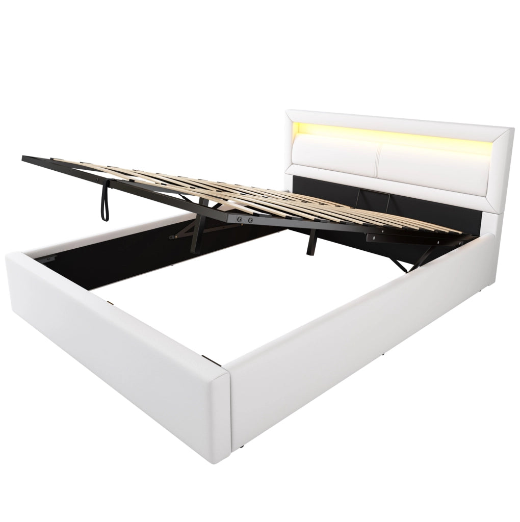 Letto imbottito 140x200 cm con contenitore e LED in PU bianco