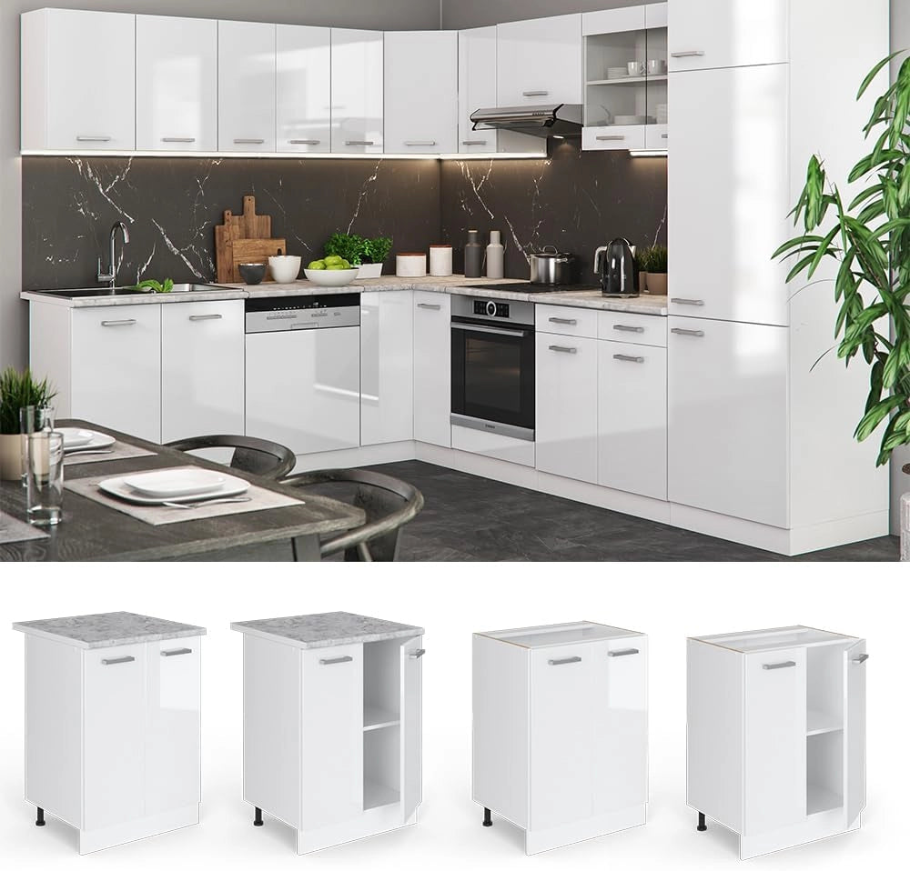 Mobiletto base cucina R-Line, Bianco lucido, 60 cm, PL Marmo, per la libera combinazione all'interno di sistemi cucina modulari