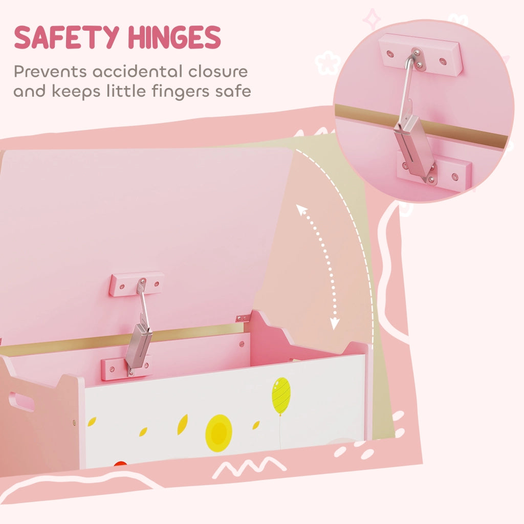 Baule Portagiochi per Bambini Tema Animali 60x37x39 cm con Cerniere di Sicurezza in Legno Rosa