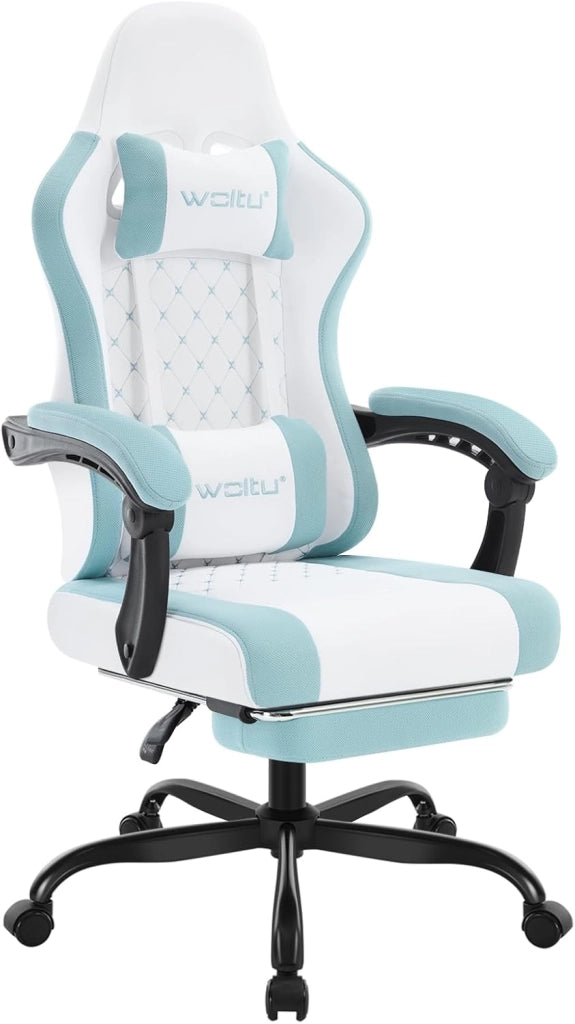 Sedia Gaming con Massaggio, Poltrona Ufficio Ergonomica, Ampia Sedia Girevole Imbottita per Computer con Cuscino Lombare Massaggiante, Carico 150 Kg, Tessuto a rete Bianco+Blu