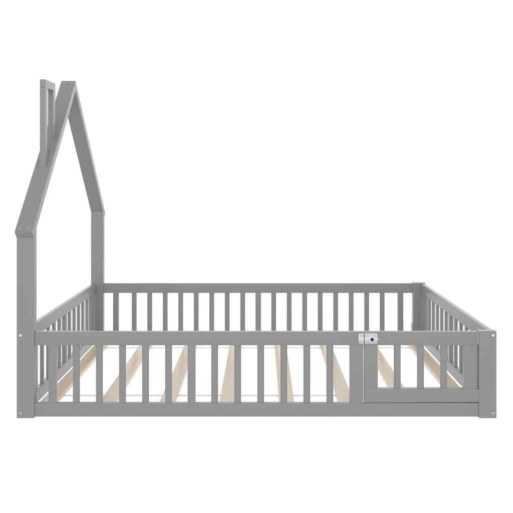 DESMIU Letto per bambini 2 posti 140 × 190 cm con sponde e forma camino, senza materasso, grigio