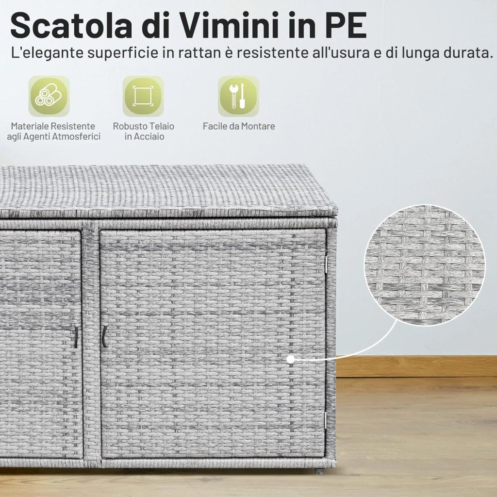 Baule Contenitore da 335L, con Coperchio e 2 Ripiani, Contenitore da Giardino con Telaio in Acciaio, Box per Conservazione di Attrezzi Giocattoli Accessori (Grigio)
