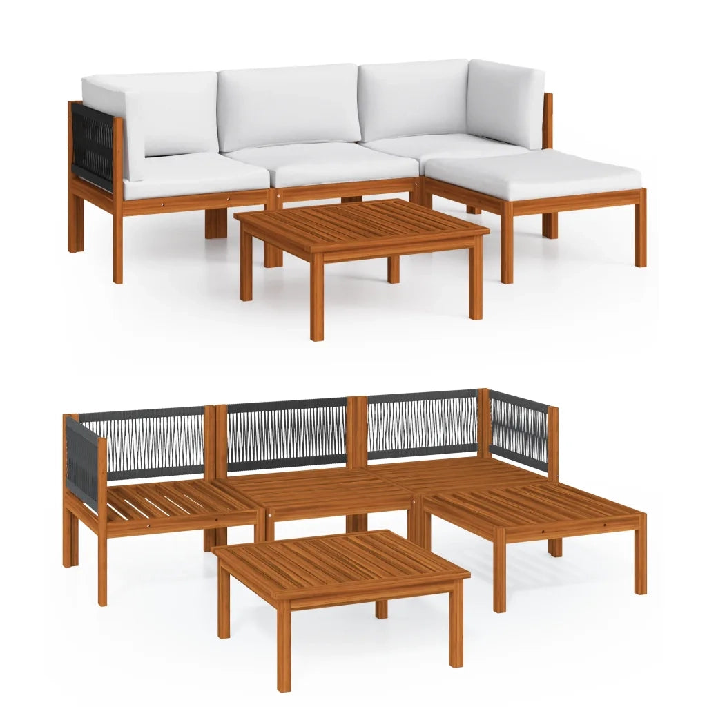 Set da giardino 5 pezzi con cuscini in legno crema, acacia e corda 3057879