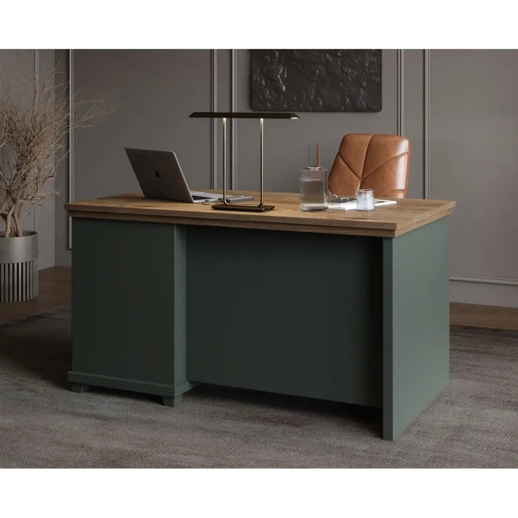 Scrivania ASSIA 140 cm verde scuro e legno - 4 cassetti con maniglie a bottone - Eleganza chic