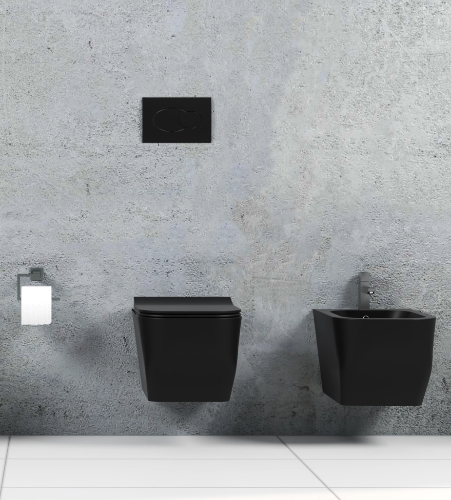 Coppia Sanitari Sospesi Rimless Senza Brida Serie New Edge Nero Opaco Coprivaso Soft-Close Incluso