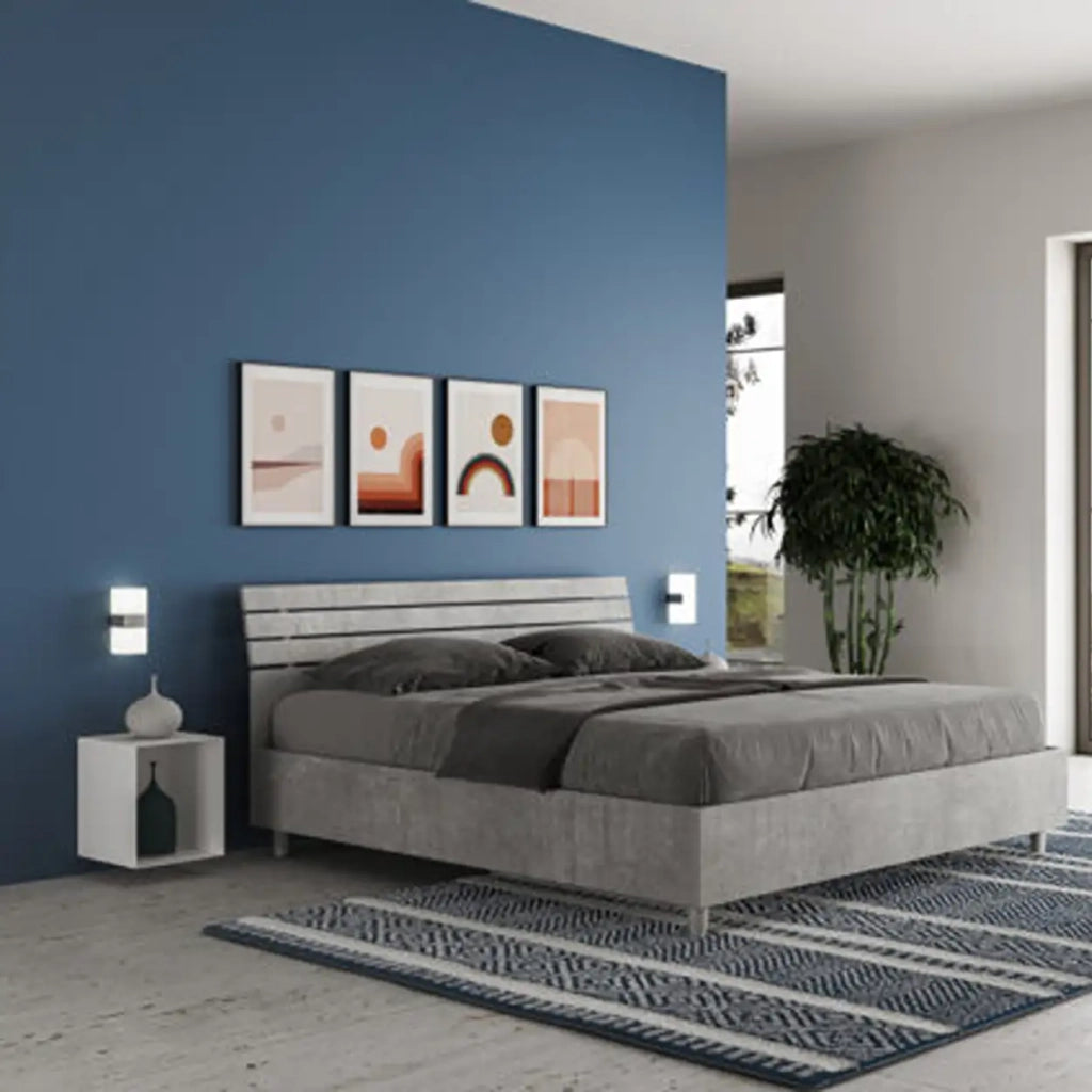 Letto matrimoniale contenitore 160x200 testata inclinata con doghe cemento Ankel