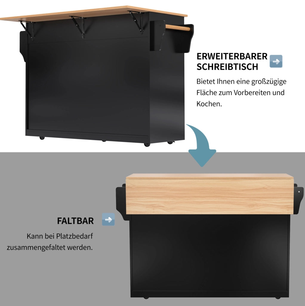 Carrello da cucina con piano ribaltabile 120x46/70x91;5 cm in MDF nero e naturale; con ruote
