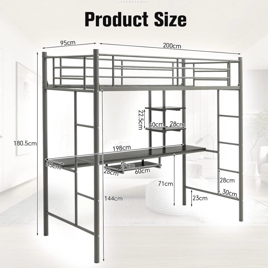 Letto a castello con scrivania, 200 x 95 x 180,5 cm, letto a castello per bambini con 2 scale e griglia di protezione alta, letto a soppalco, telaio in metallo, carico 150 kg (grigio argento)