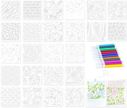 Set di stencil per decorazione murale 24 pezzi stencil geometrici 10x10cm con 12 pennelli a colori riciclabili stencil di plastica per hobby, DIY, legno, mobili, muri creatività facile