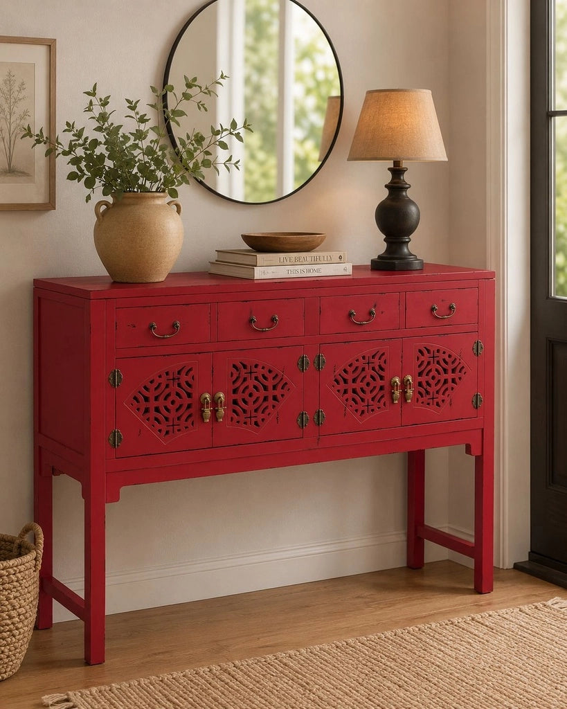 Tavolino da ingresso in legno rosso 120x40x102h cm