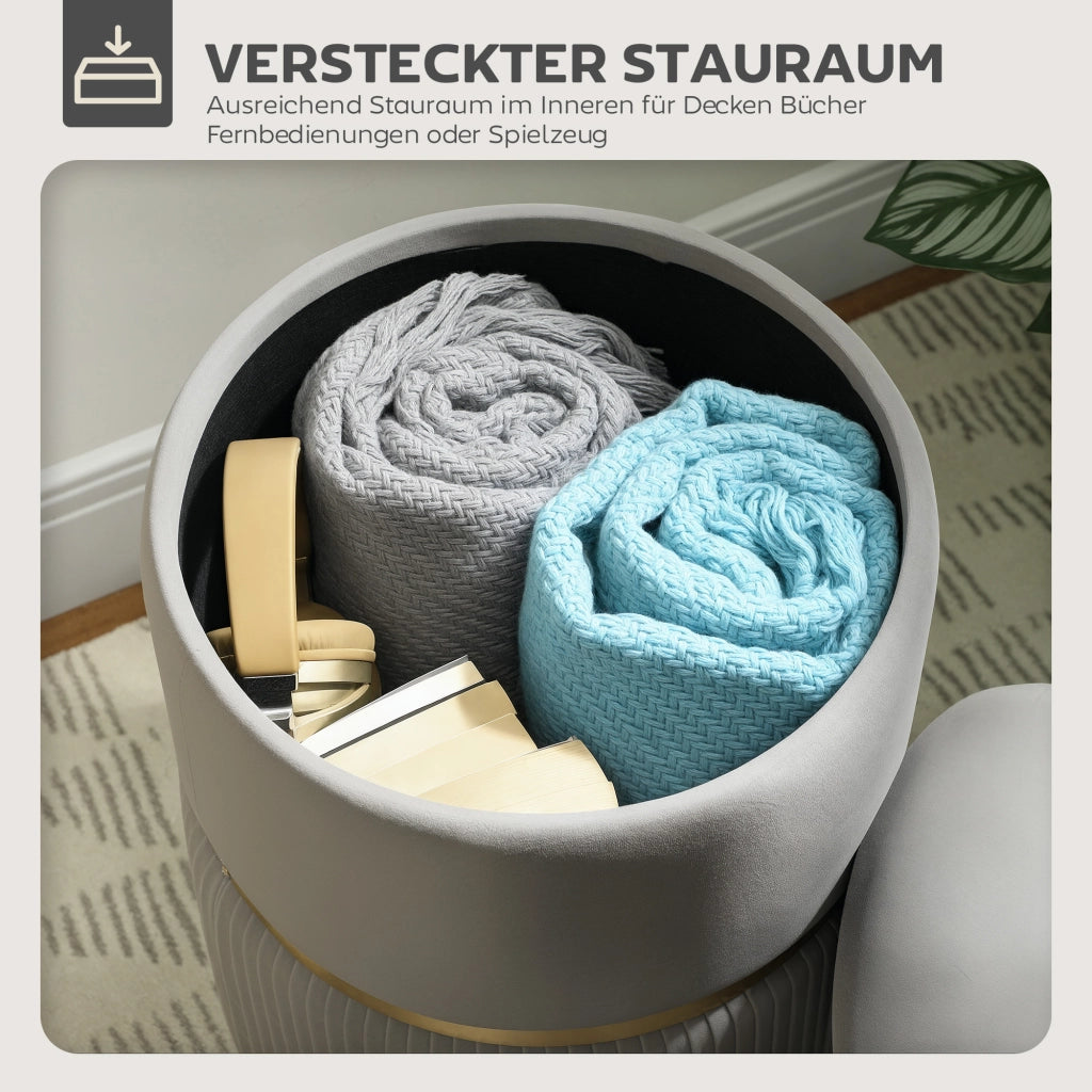 Pouf Contenitore Rotondo ¨C Xylo ¨C Velluto Grigio Chiaro con Coperchio Rimovibile