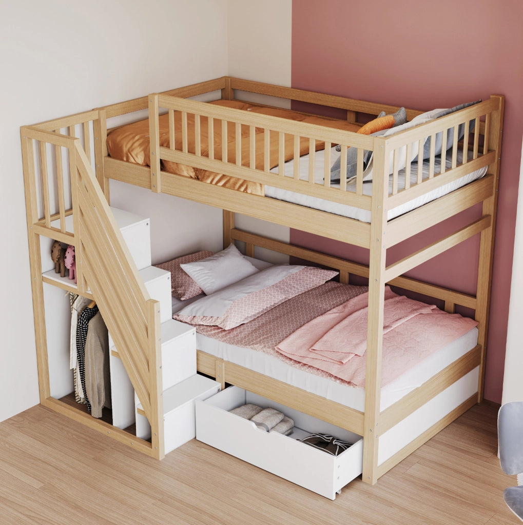 Letto a castello 90x200 cm con scale portaoggetti; cassetti; in legno bianco e colore naturale
