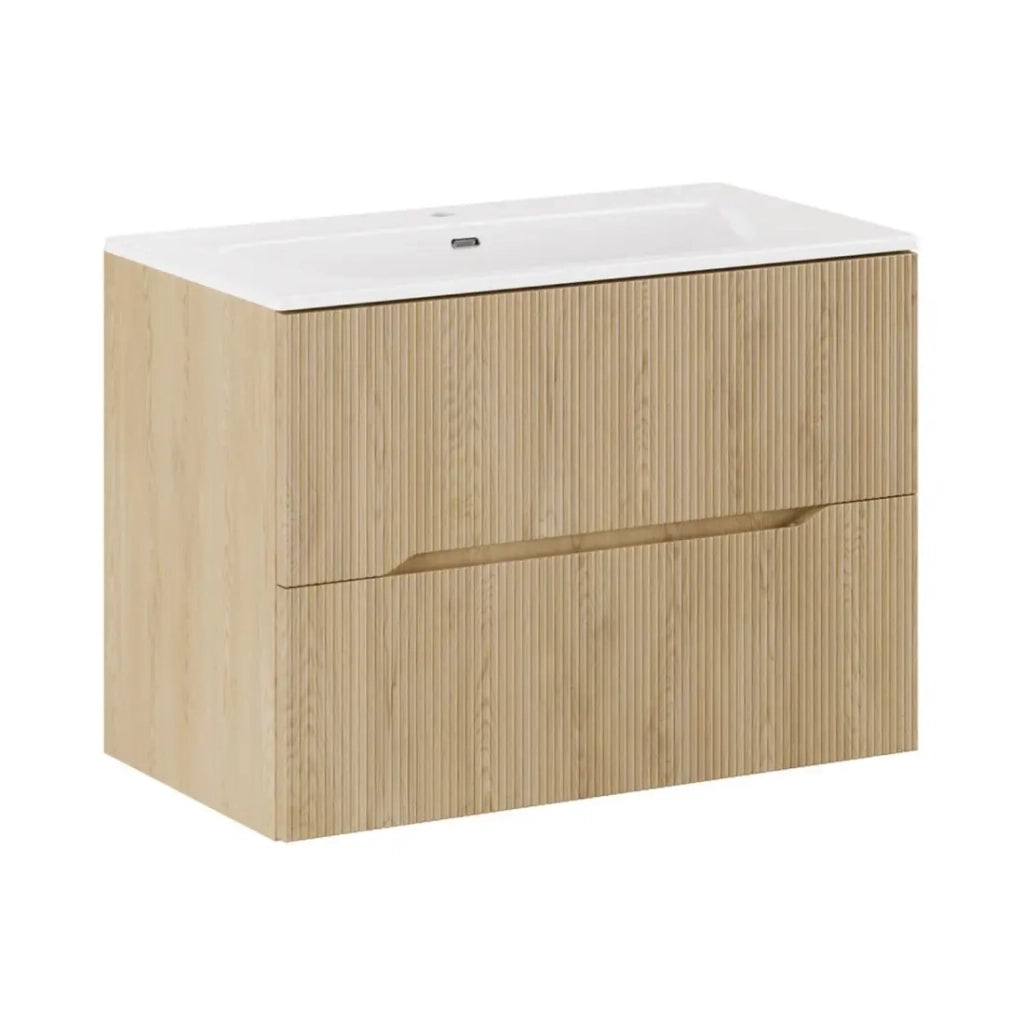 Set da bagno NATURA 80cm: mobile sottolavabo in legno chiaro con scanalature verticali + lavabo incassato
