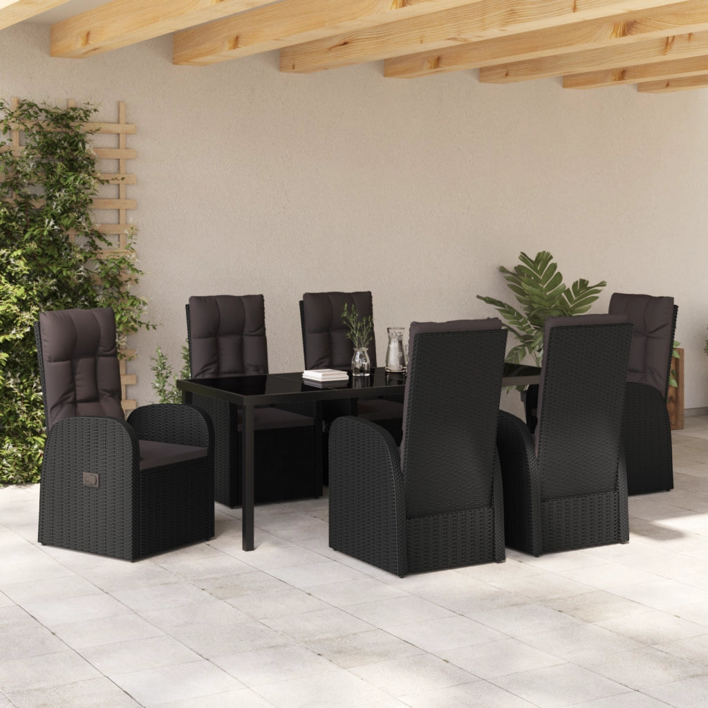 Set da Pranzo da Giardino 7 Pezzi con Cuscini Rattan Nero Poly