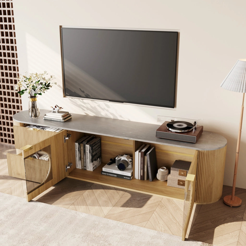 OKWISH Mobile TV con Vetrina Ovale in Vetro Grigio e Vani Chiusi, Stile Minimalista, per Soggiorno, MDF, 172 x 38 x 45.5 cm
