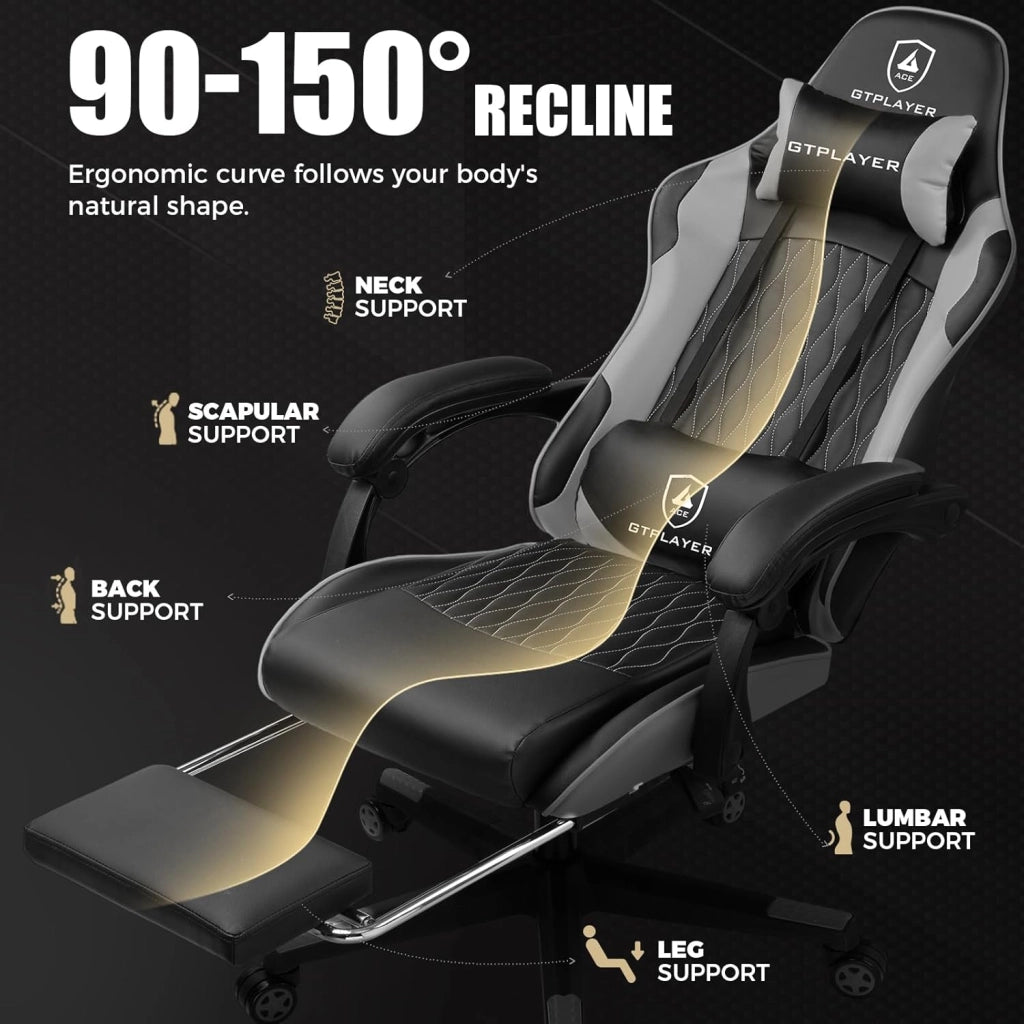 Sedia da gaming, sedia da gamer, sedia da ufficio ergonomica, con lombi e cuscini regolabili con poggiapiedi, sedia da gioco imbottita, portata 150 kg, colore grigio