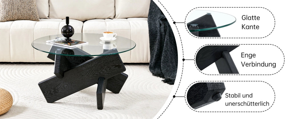 Tavolino rotondo in MDF e vetro con base a croce 79 cm nero effetto legno