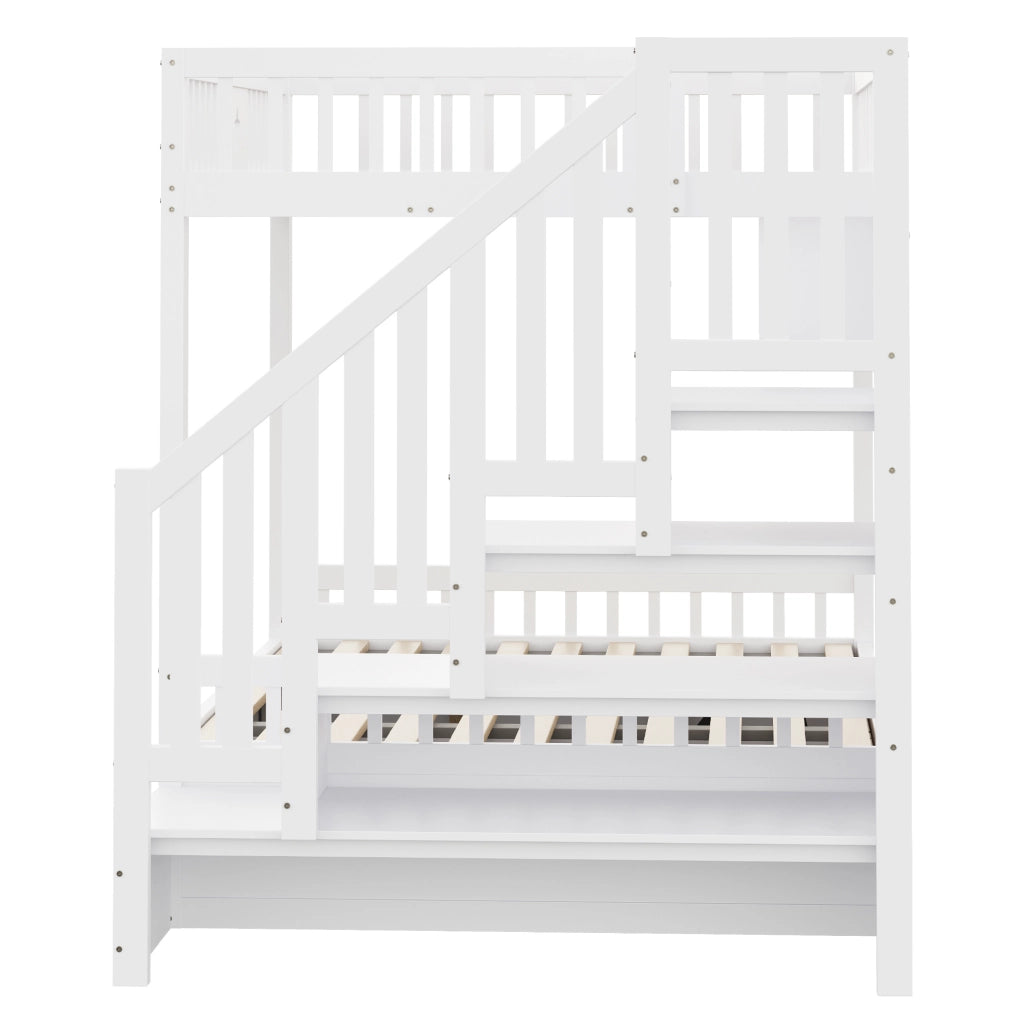 Letto a castello ULEVR 140x200 cm con letto inferiore idraulico, scala contenitore e ripiani, bianco
