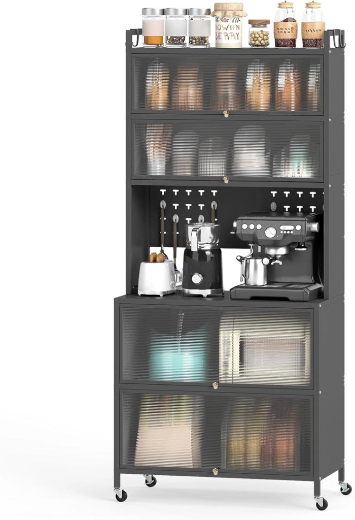 Credenza da Cucina a 5/6 Livelli, Armadietto Dispensa con 4 Ruote Universali, 4 Ganci e 10 Tasselli, Ripiano in Ferro, Mobile Buffet per Soggiorno, Sala da Pranzo (Grigio, 80 x 40 x 164 cm)