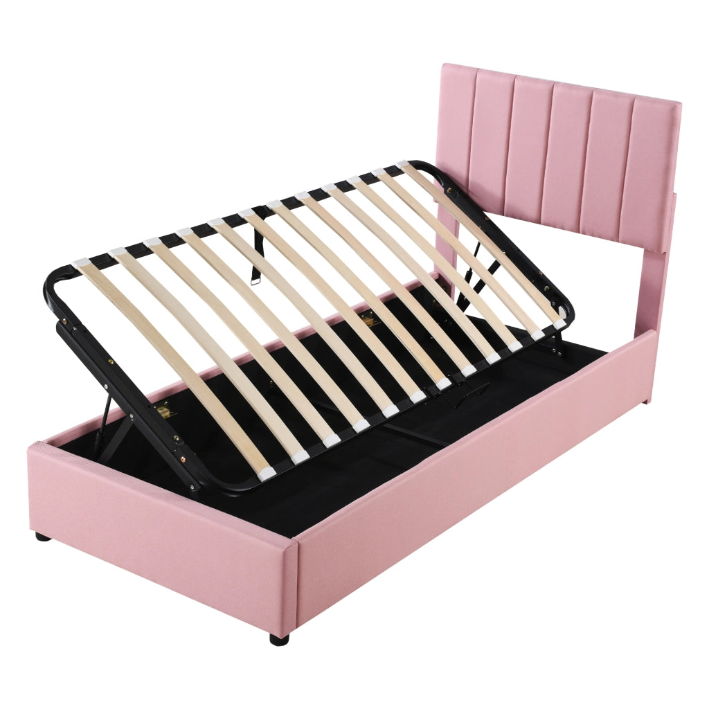 OKWISH Letto Contenitore 90×200 cm, Letto Singolo con Contenitore Idraulico, Testiera Regolabile e Doghe, senza Materasso, Rosa