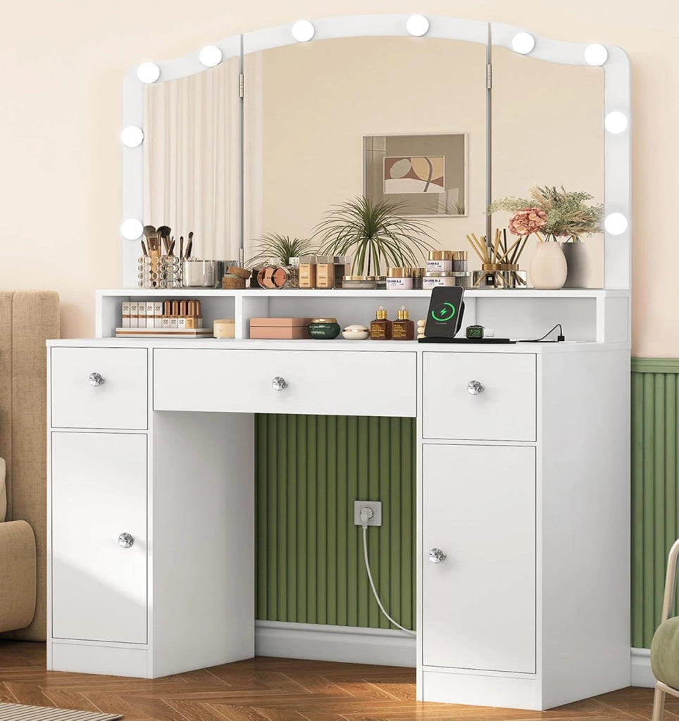 FIONESO 110cm Toeletta Trucco con Luci a Luminosità Regolabile, Grande Specchio, Postazione Trucco con 5 Cassetto e, 2 Ripiani Aperti, Moderno, Bianco