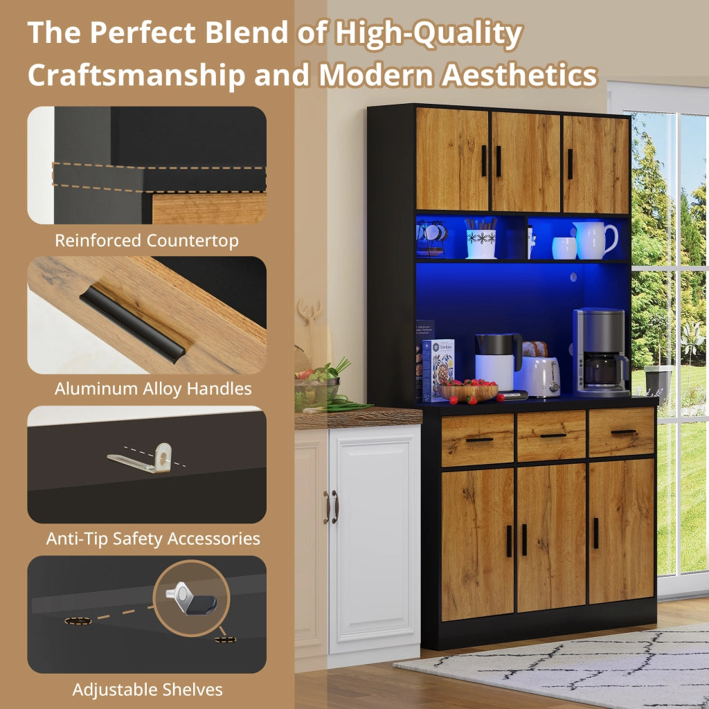 Mobile da cucina, credenza, illuminazione a LED, 3 cassetti, ripiani regolabili, presa di corrente inclusa, marrone e nero