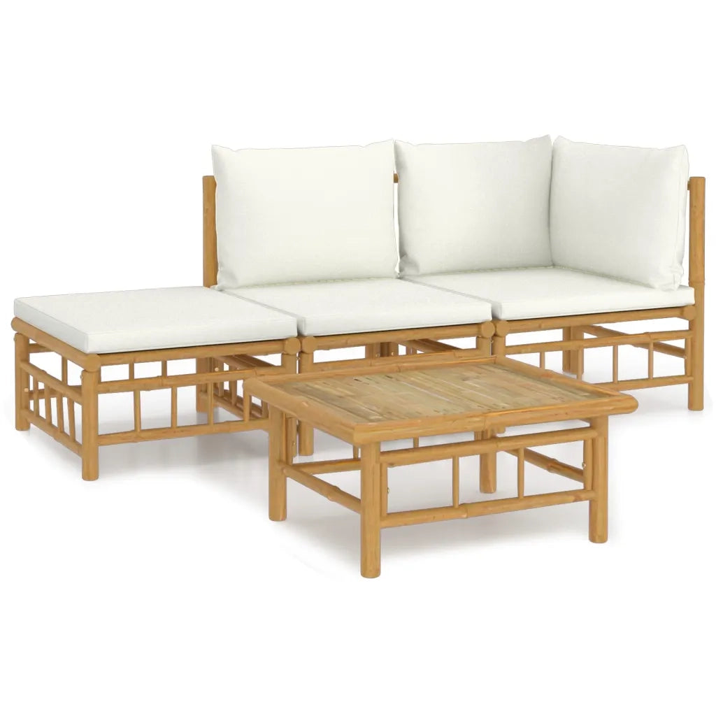 Set Salotto da Giardino 4pz con Cuscini Bianco Crema in Bambù 3155176