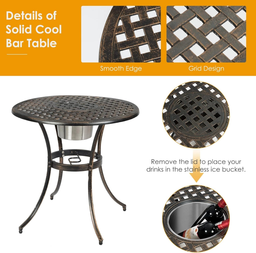 Mobili da balcone con refrigeratore per vino e foro per ombrellone, 3 pezzi, in bronzo antico, in alluminio pressofuso, antiscivolo, per esterni, 2 persone, resistente alle intemperie