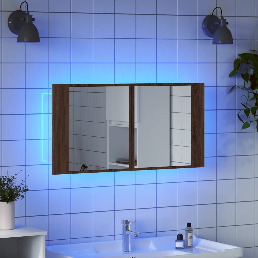 Armadietto Specchio con LED Rovere Marrone 90x12x45cm Acrilico 834969