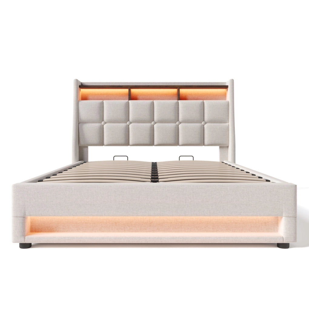 Letto imbottito 160x200 cm con LED e USB; in lino beige (Senza materasso)