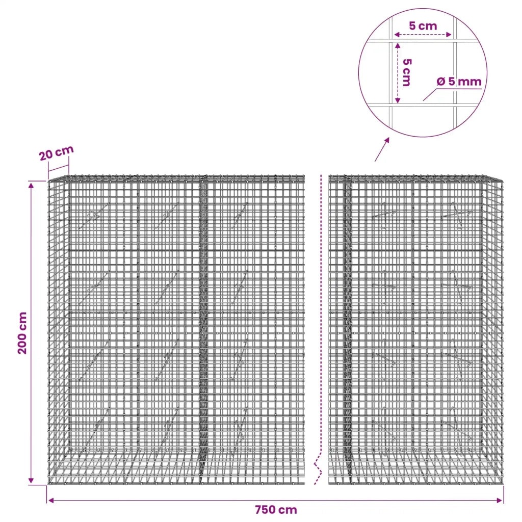Gabione con filo da 5 mm e rete da 5x5 cm 750x20x200 cm 3464121