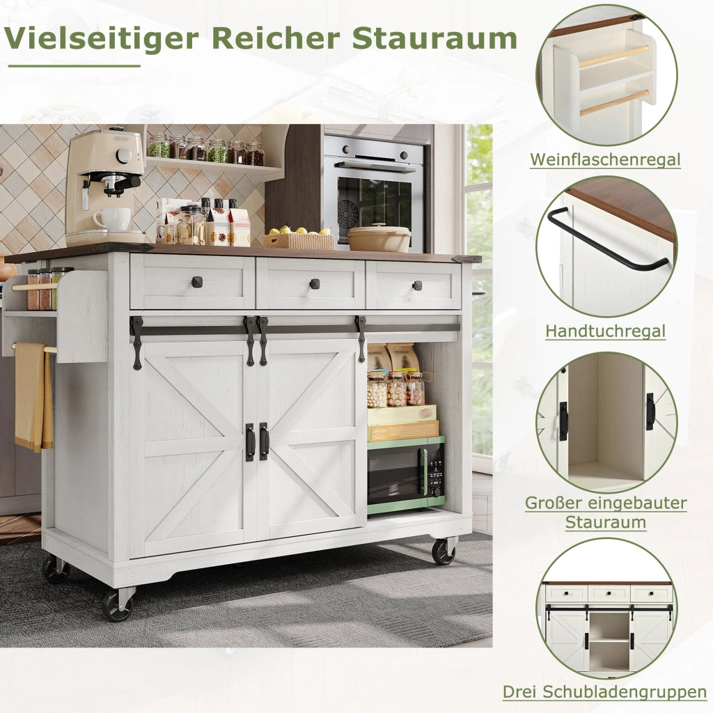 ISOLA DA CUCINA 140x45x94 cm Beige in MDF e metallo con piano richiudibile su ruote