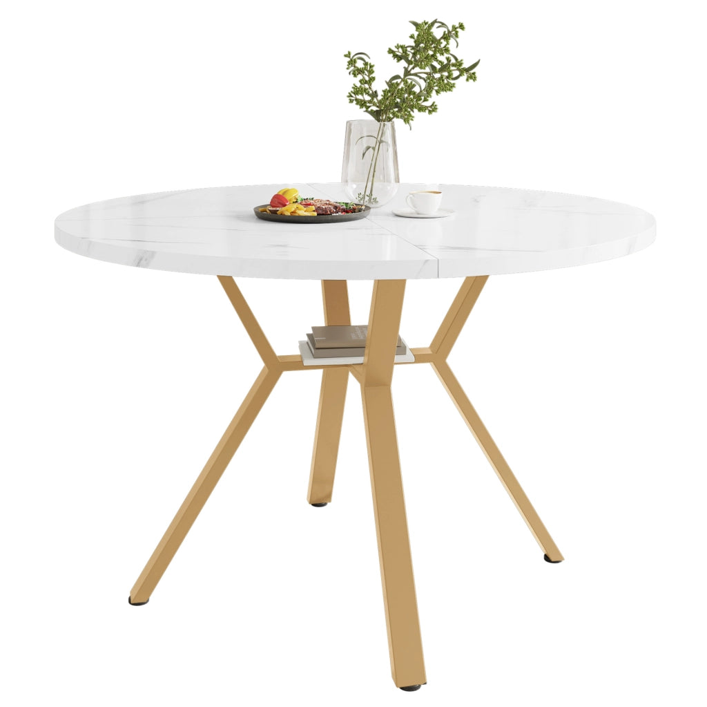 Tavolo da pranzo rotondo 100 cm; MDF effetto marmo bianco con struttura in metallo dorato