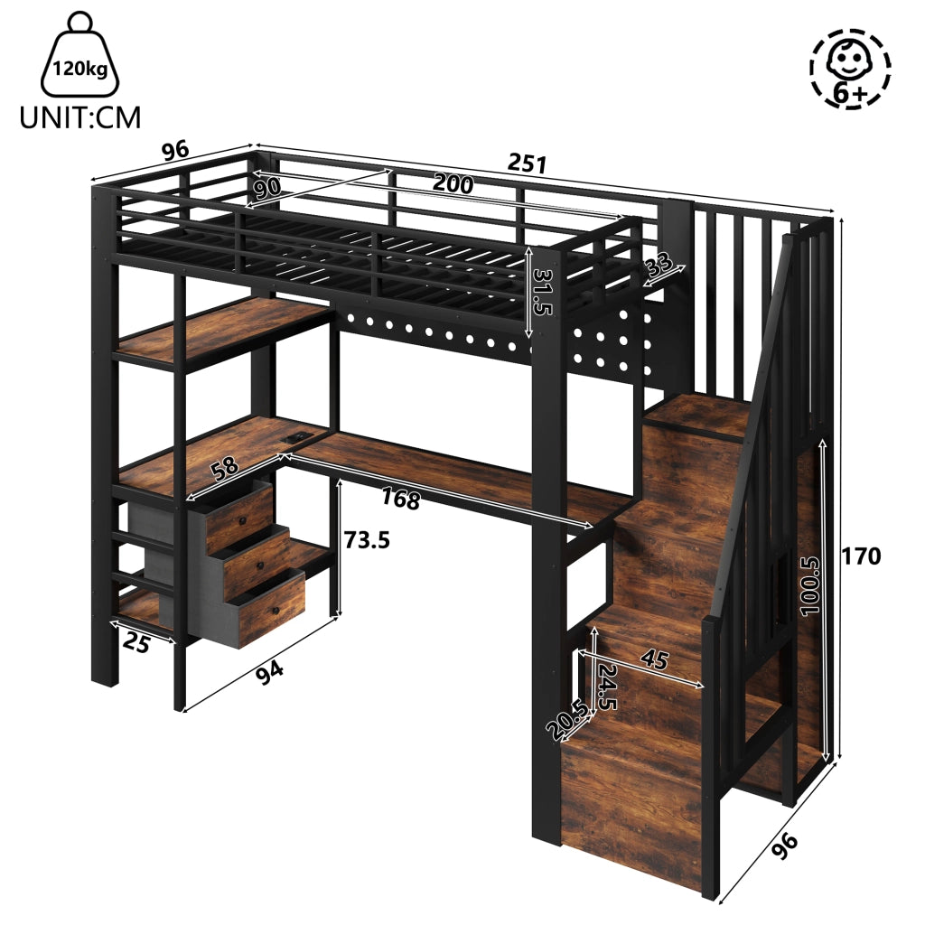 Letto a soppalco singolo 90×200 cm con 3 cassetti; ripiano; scrivania; presa e LED; senza materasso; nero