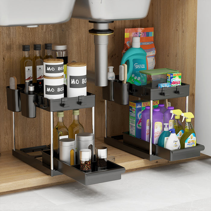 Set 2 Organizer Sottolavello Nero Bagno Cucina Cassetto Scorrevole Salvaspazio