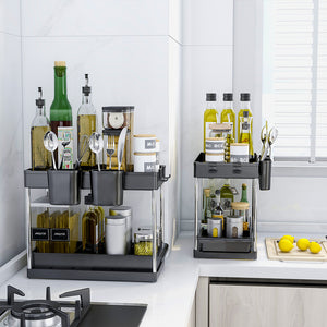 Set 2 Organizer Sottolavello Nero Bagno Cucina Cassetto Scorrevole Salvaspazio