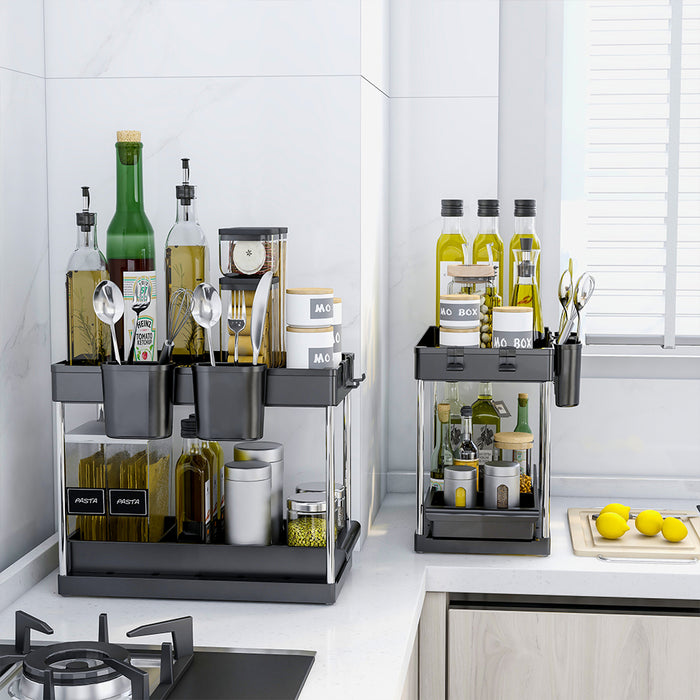 Set 2 Organizer Sottolavello Nero Bagno Cucina Cassetto Scorrevole Salvaspazio